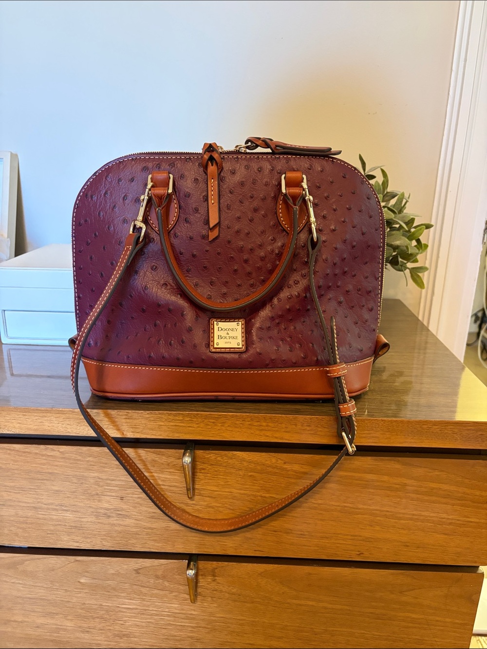 Dooney & Bourke Burgundy / Eggplant Ostrich-Embossed Satchel with Tan Trim
